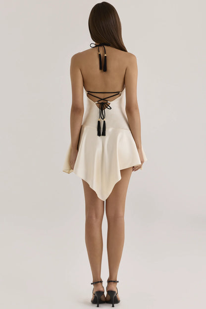 Larissa Vintage Cream Satin Halter Neck Mini Dress