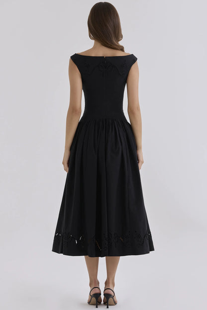 Lauren Black Custom Cotton Broderie Anglaise Boat Neck Maxi Dress