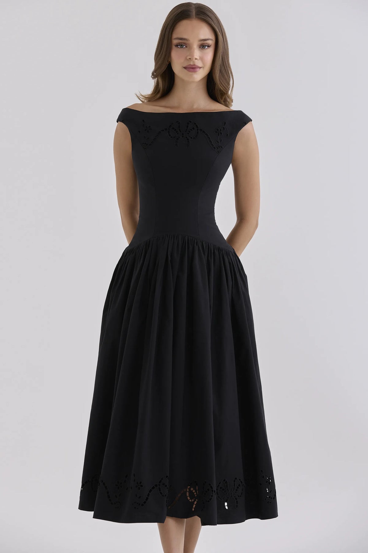 Lauren Black Custom Cotton Broderie Anglaise Boat Neck Maxi Dress