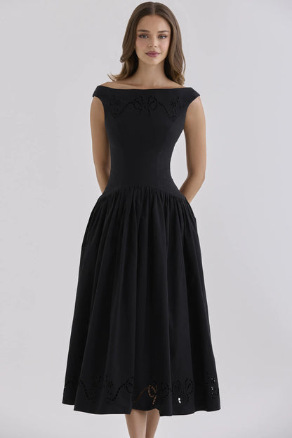 Lauren Black Custom Cotton Broderie Anglaise Boat Neck Maxi Dress