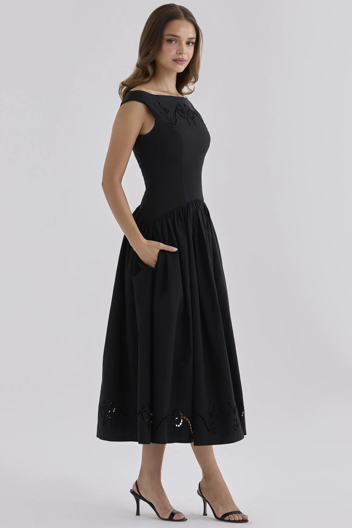 Lauren Black Custom Cotton Broderie Anglaise Boat Neck Maxi Dress