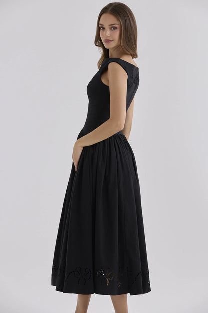 Lauren Black Custom Cotton Broderie Anglaise Boat Neck Maxi Dress