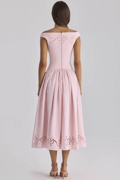 Lauren Pink Cotton Broderie Anglaise Boat Neck Maxi Dress