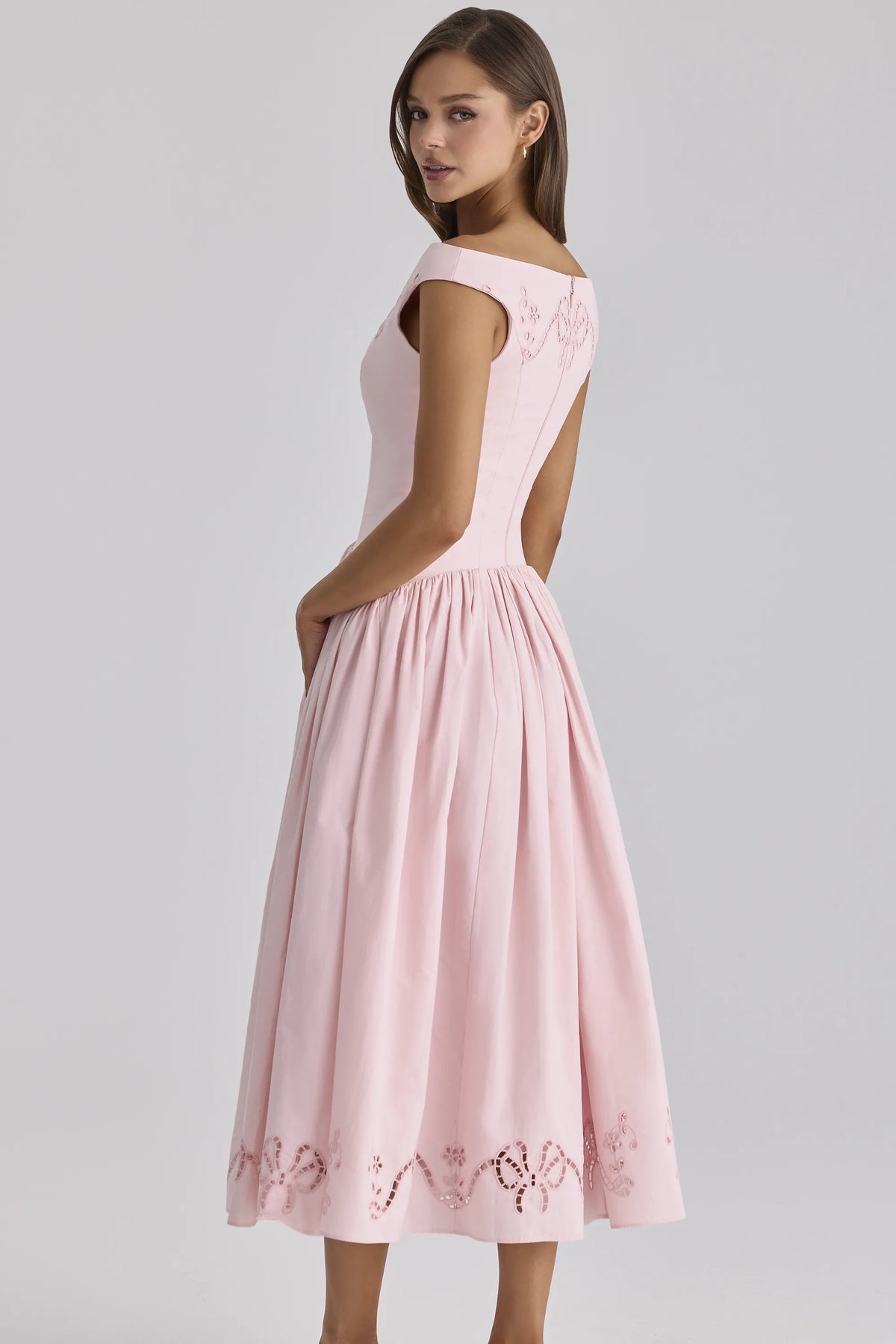Lauren Pink Cotton Broderie Anglaise Boat Neck Maxi Dress