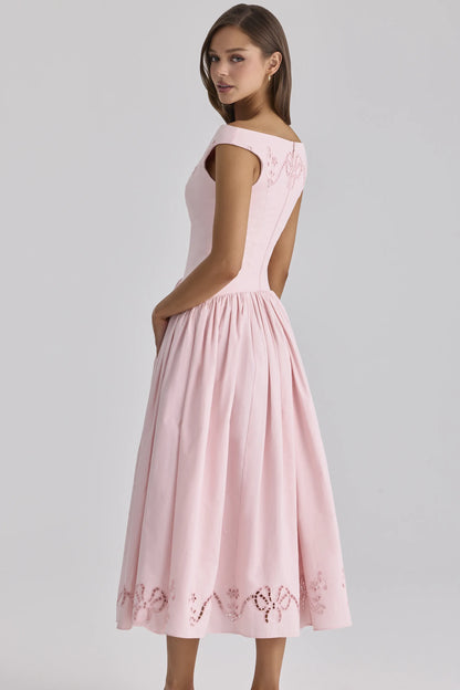 Lauren Pink Cotton Broderie Anglaise Boat Neck Maxi Dress
