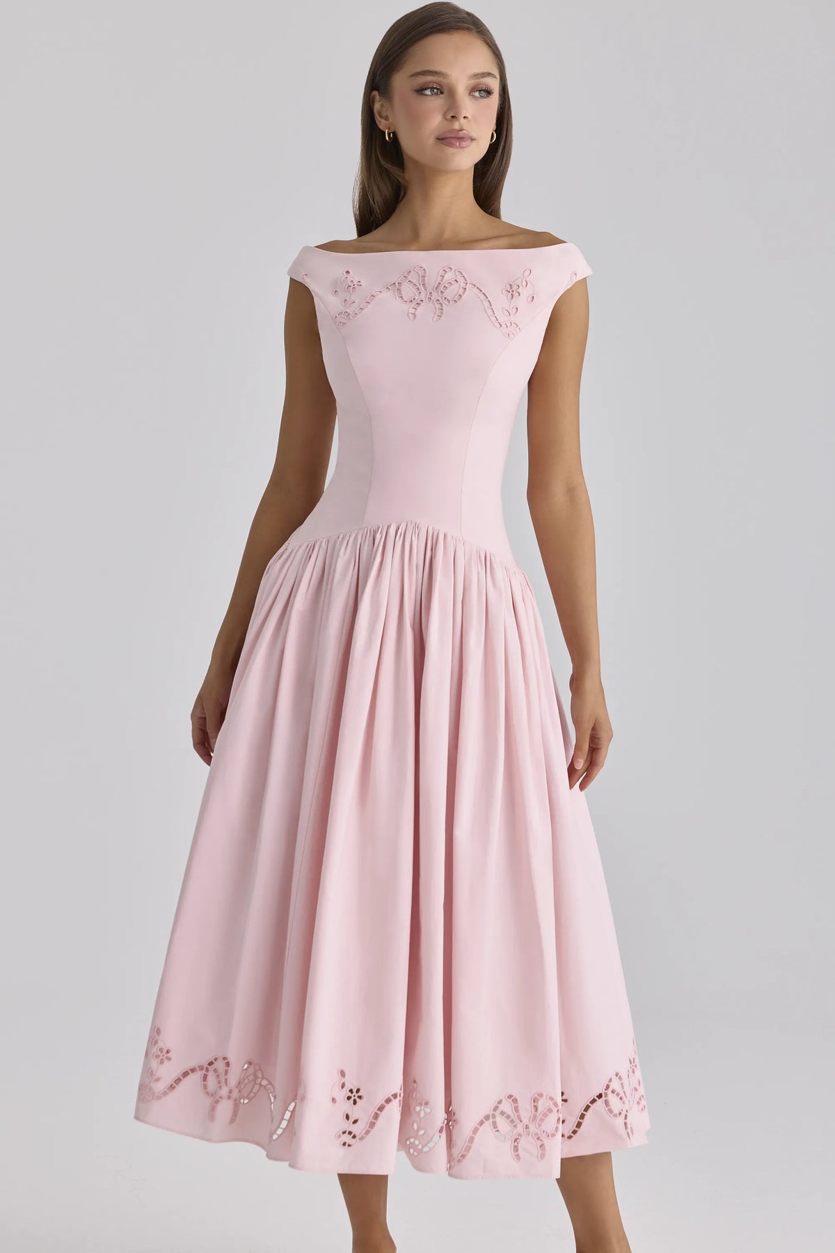 Lauren Pink Cotton Broderie Anglaise Boat Neck Maxi Dress