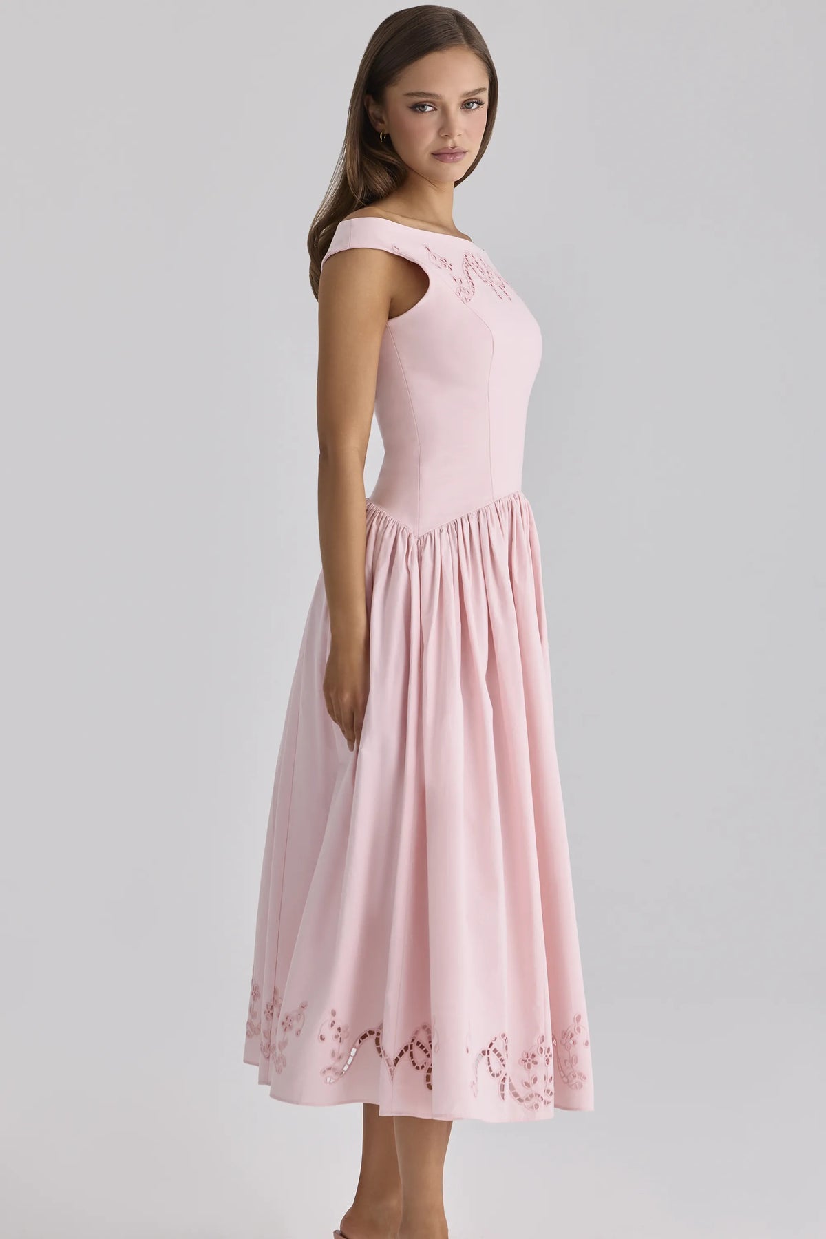 Lauren Pink Cotton Broderie Anglaise Boat Neck Maxi Dress