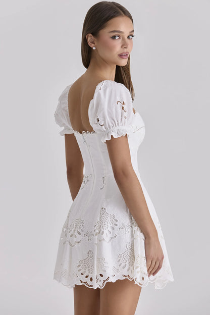 Lavina White Custom Lace + Cotton Broderie Anglaise Mini Dress