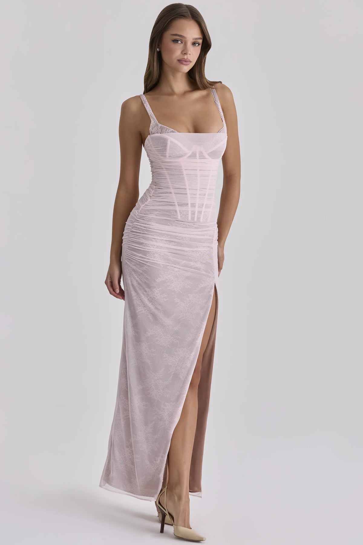 Lini Baby Pink Lace Mesh Maxi Dress