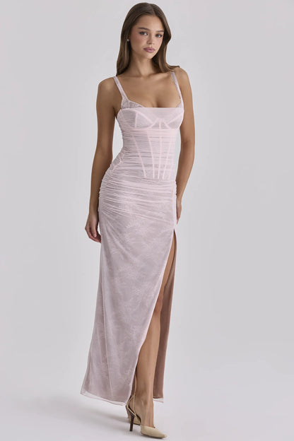 Lini Baby Pink Lace Mesh Maxi Dress