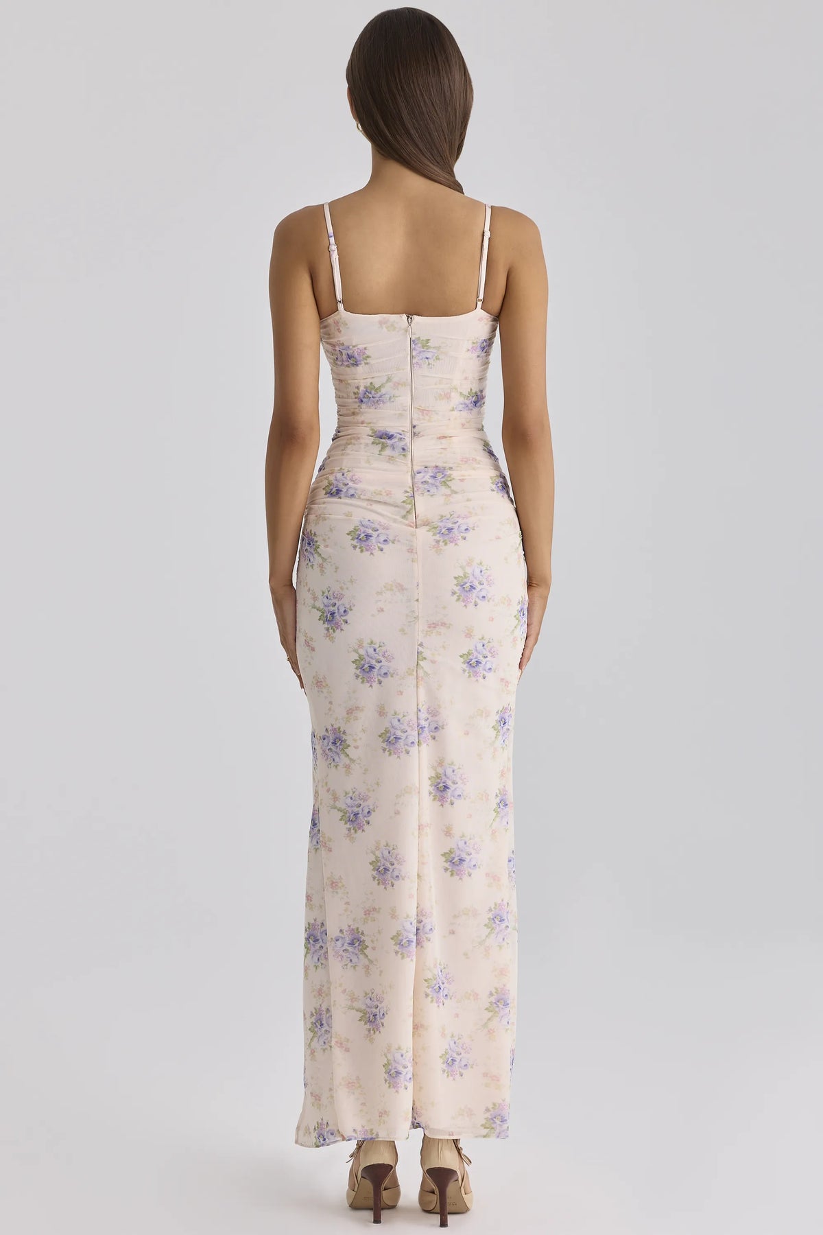 Lini Ivory Sweet Peony Print Stretch Mesh Maxi Dress
