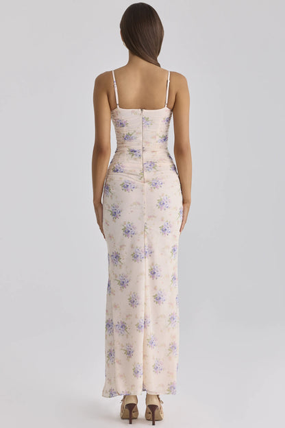 Lini Ivory Sweet Peony Print Stretch Mesh Maxi Dress