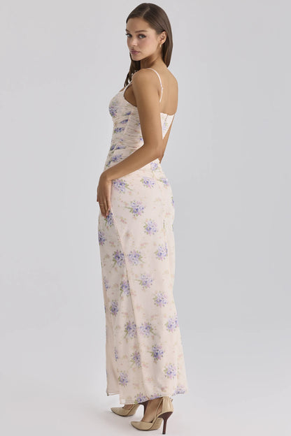 Lini Ivory Sweet Peony Print Stretch Mesh Maxi Dress