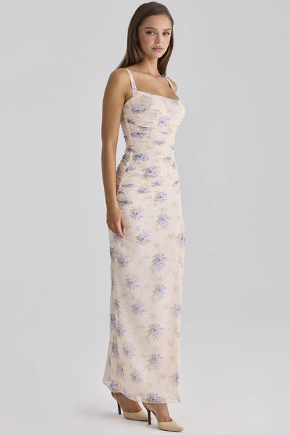 Lini Ivory Sweet Peony Print Stretch Mesh Maxi Dress