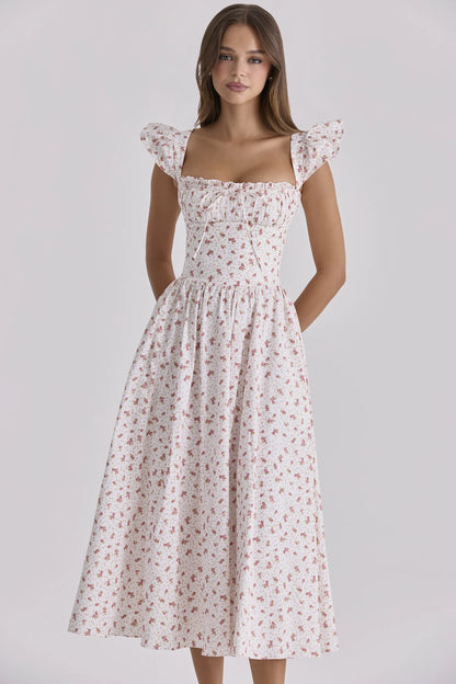 Livia White Rose Print Cotton Midi Sundress