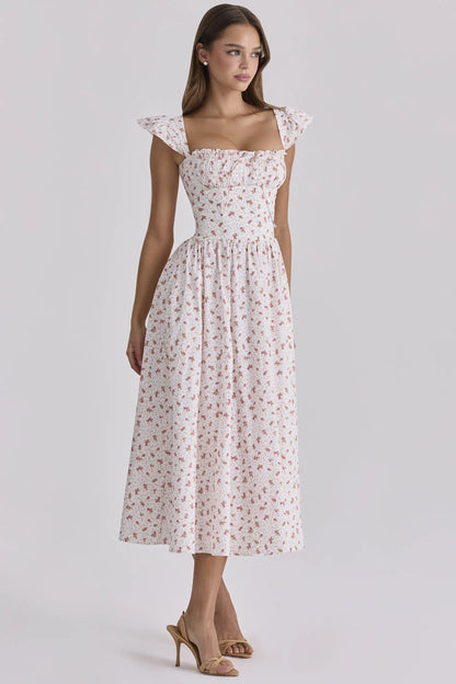 Livia White Rose Print Cotton Midi Sundress