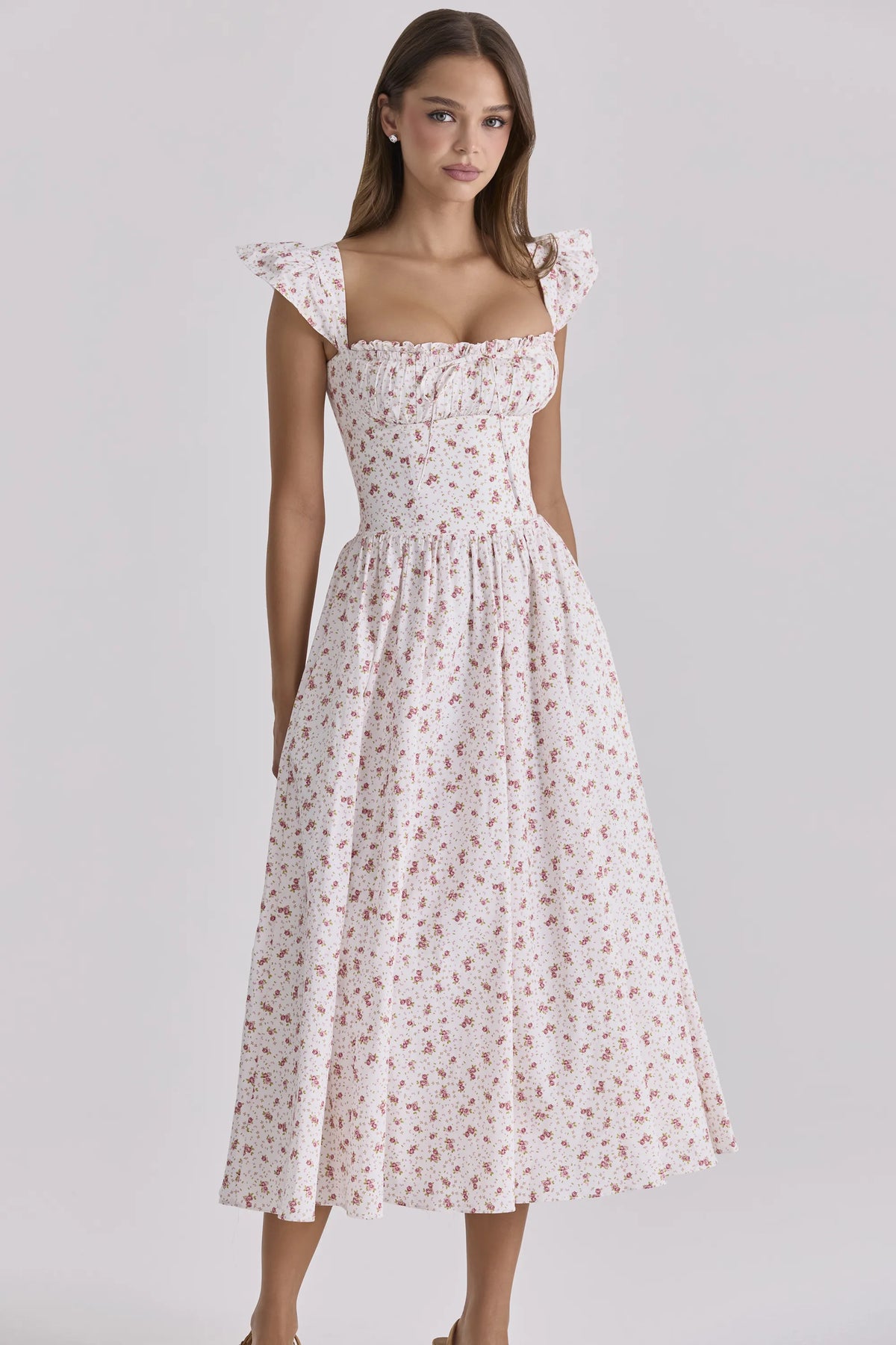Livia White Rose Print Cotton Midi Sundress