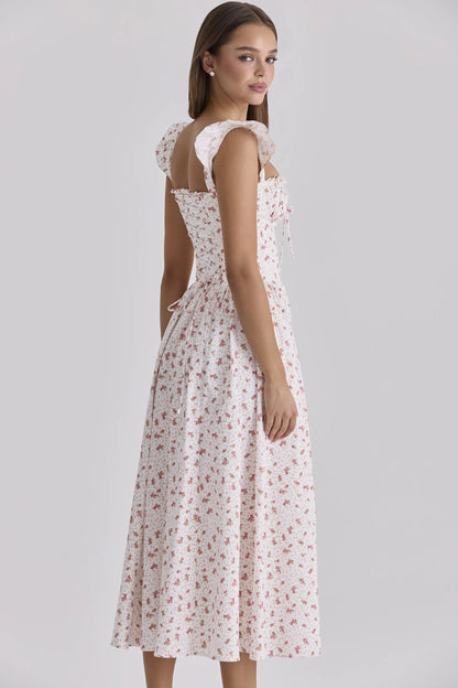 Livia White Rose Print Cotton Midi Sundress