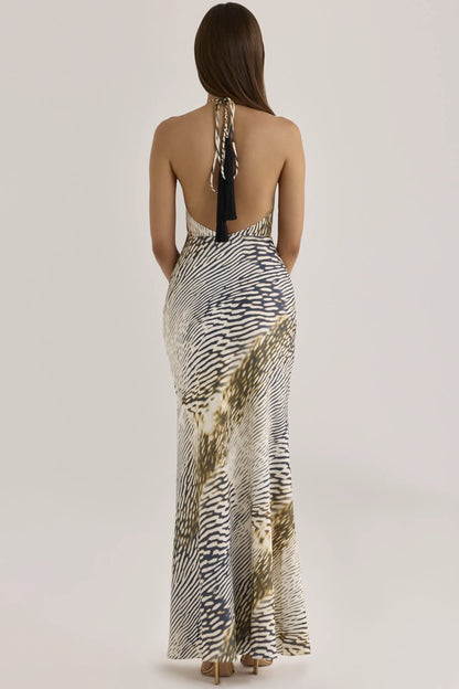 Luna Animal Print Satin Halter Neck Maxi Slip Dress
