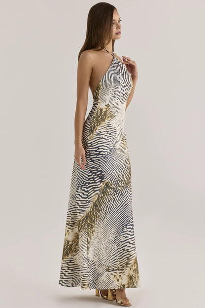 Luna Animal Print Satin Halter Neck Maxi Slip Dress