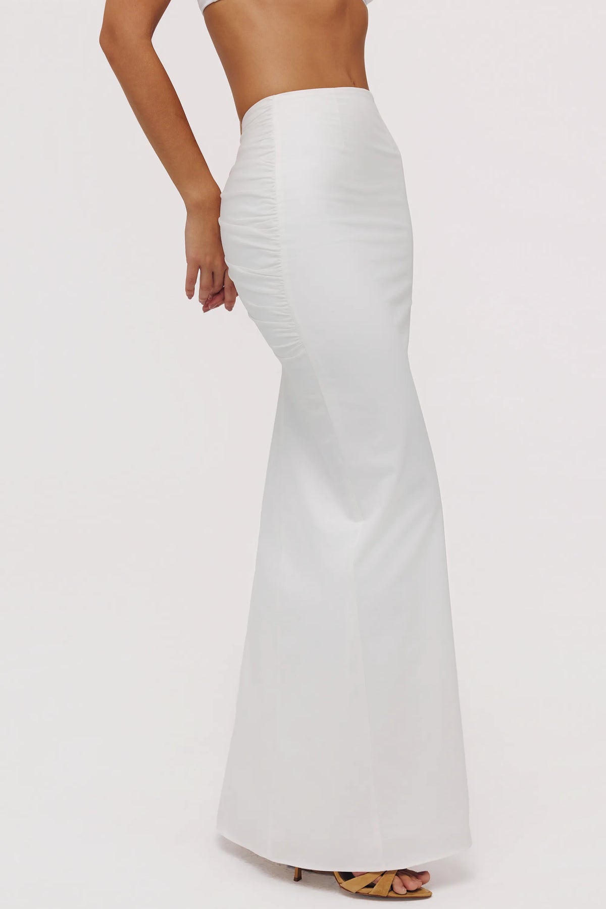 Lyra White Cotton V Back Draped Maxi Skirt