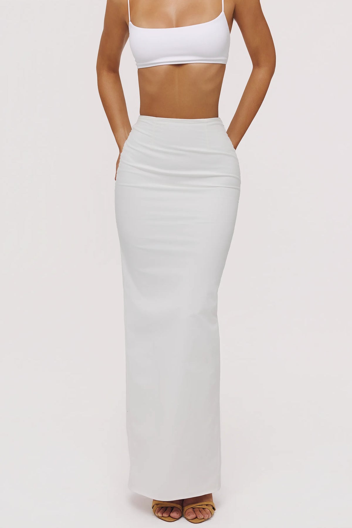 Lyra White Cotton V Back Draped Maxi Skirt