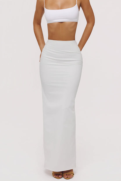 Lyra White Cotton V Back Draped Maxi Skirt