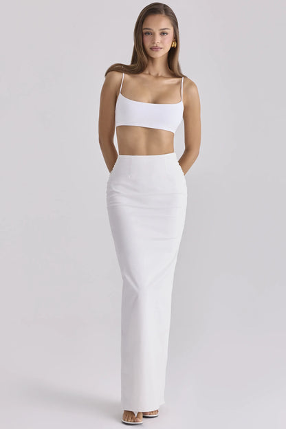 Lyra White Cotton V Back Draped Maxi Skirt