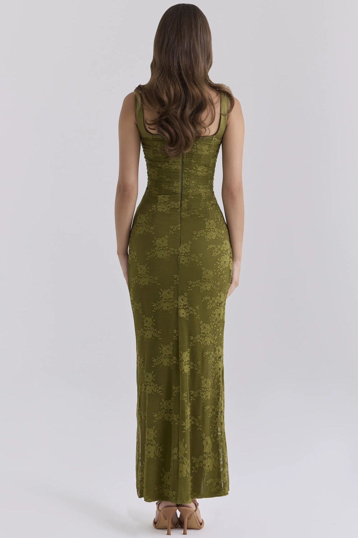 Maia Olive Lace Corset Thigh Slit Maxi Dress