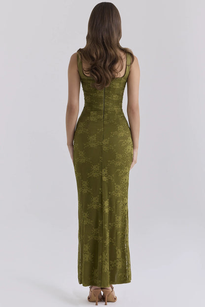 Maia Olive Lace Corset Thigh Slit Maxi Dress