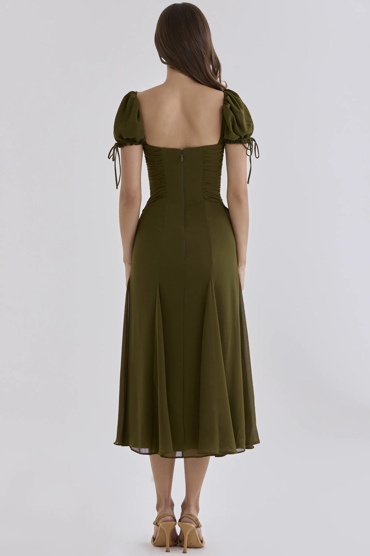 Marceline Olive Chiffon Puff Sleeve Midi Dress