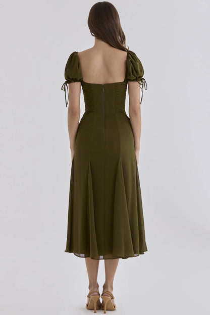 Marceline Olive Chiffon Puff Sleeve Midi Dress