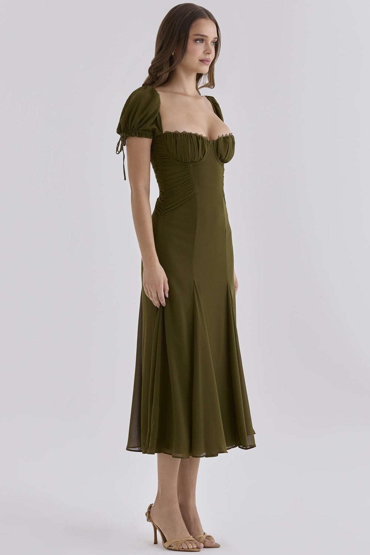 Marceline Olive Chiffon Puff Sleeve Midi Dress