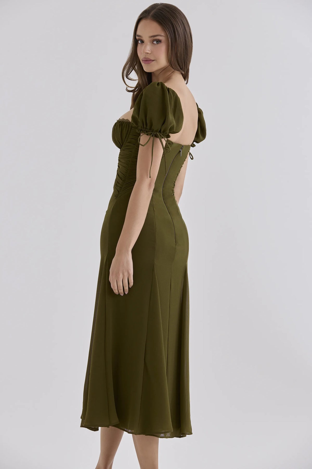 Marceline Olive Chiffon Puff Sleeve Midi Dress