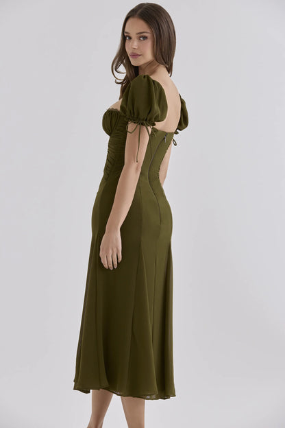 Marceline Olive Chiffon Puff Sleeve Midi Dress