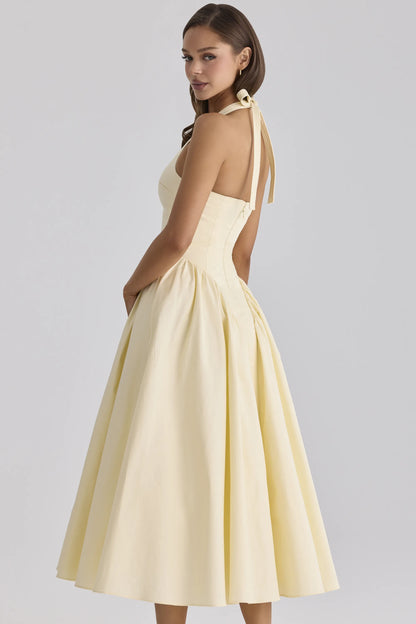 Marilyn Lemon Cotton Halter Neck Midi Sundress