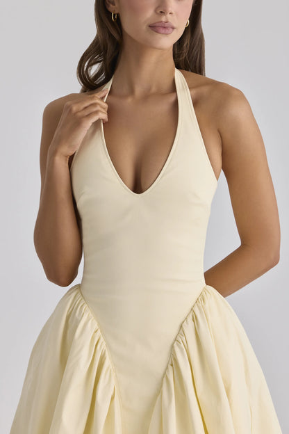 Marilyn Lemon Cotton Halter Neck Midi Sundress