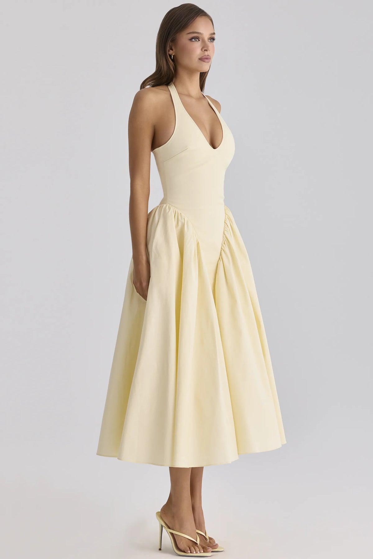 Marilyn Lemon Cotton Halter Neck Midi Sundress