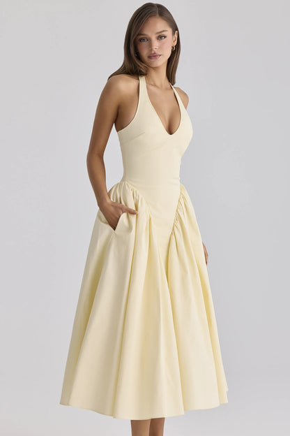Marilyn Lemon Cotton Halter Neck Midi Sundress