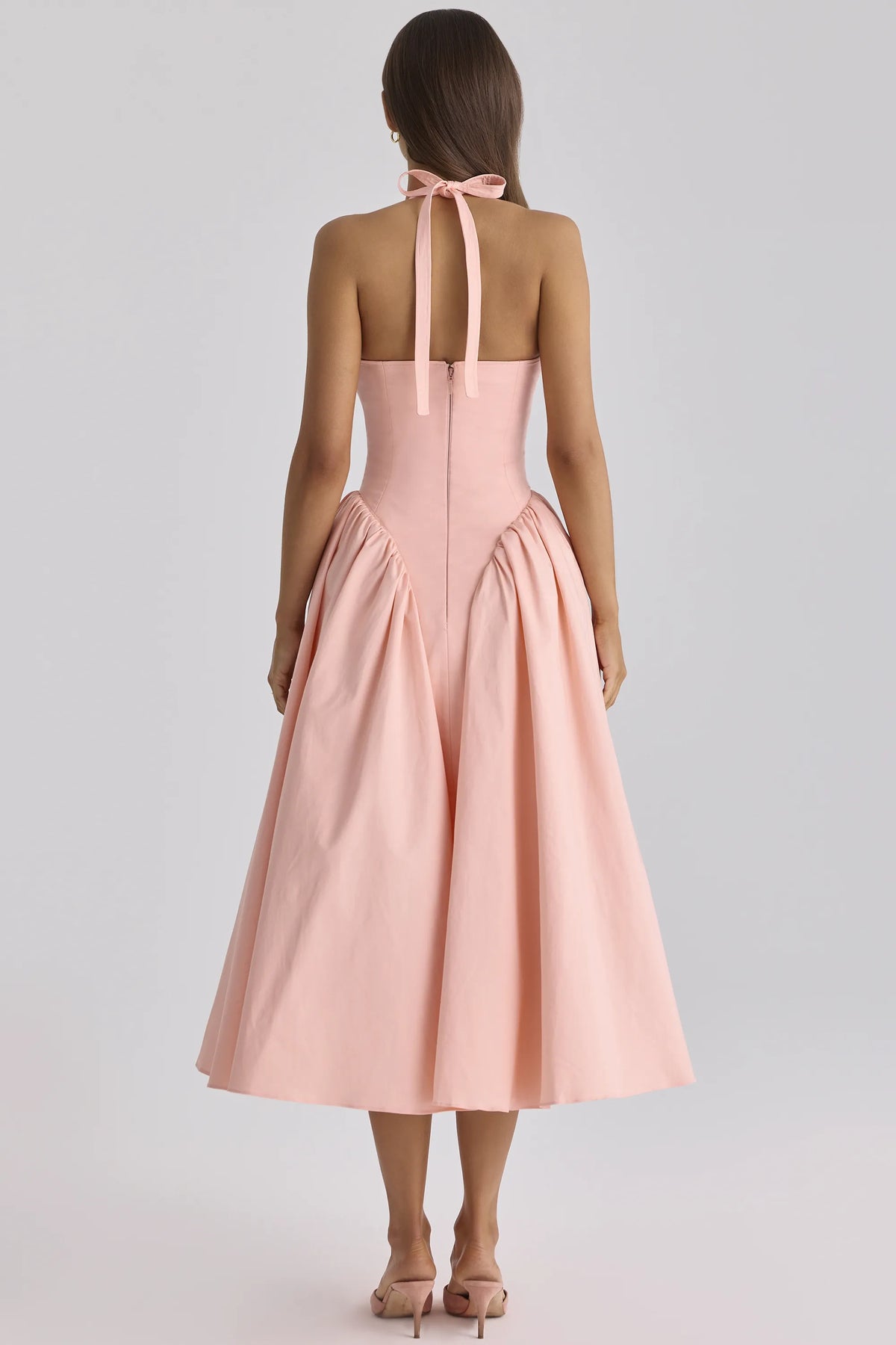 Marilyn Peach Cotton Halter Neck Midi Sundress