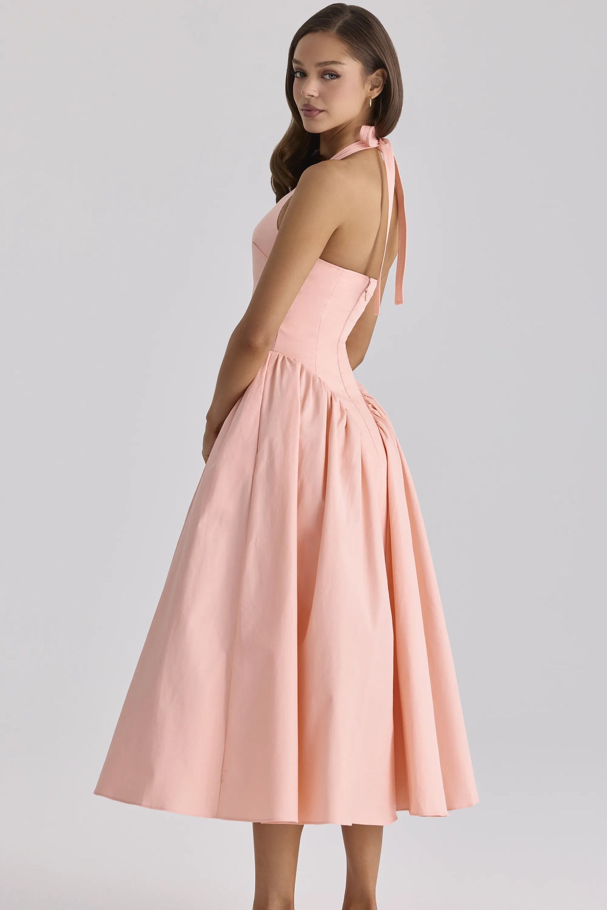 Marilyn Peach Cotton Halter Neck Midi Sundress