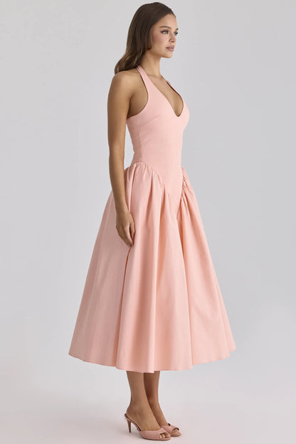Marilyn Peach Cotton Halter Neck Midi Sundress