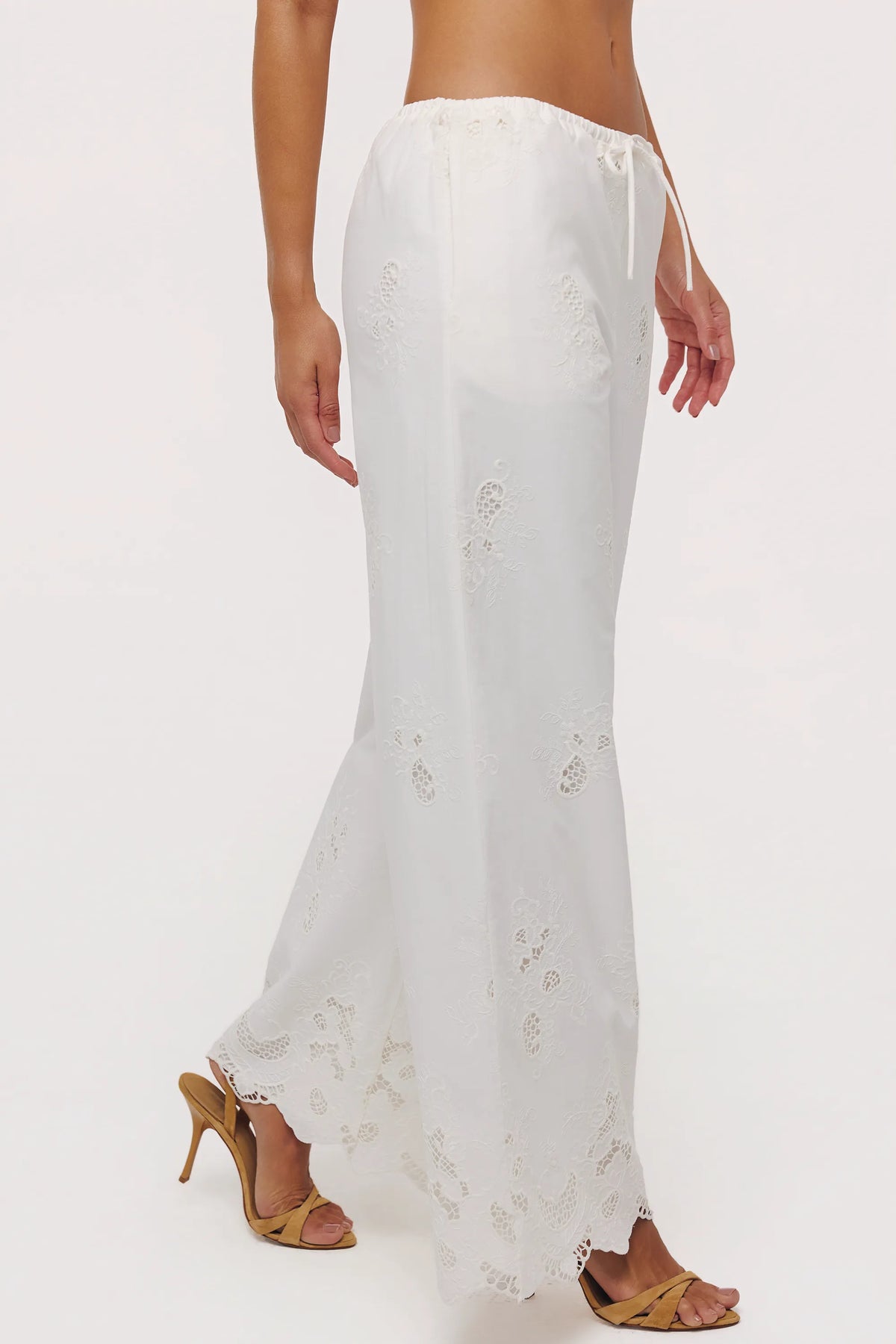 Mirea White Cotton Broderie Anglaise Wide Leg Trousers