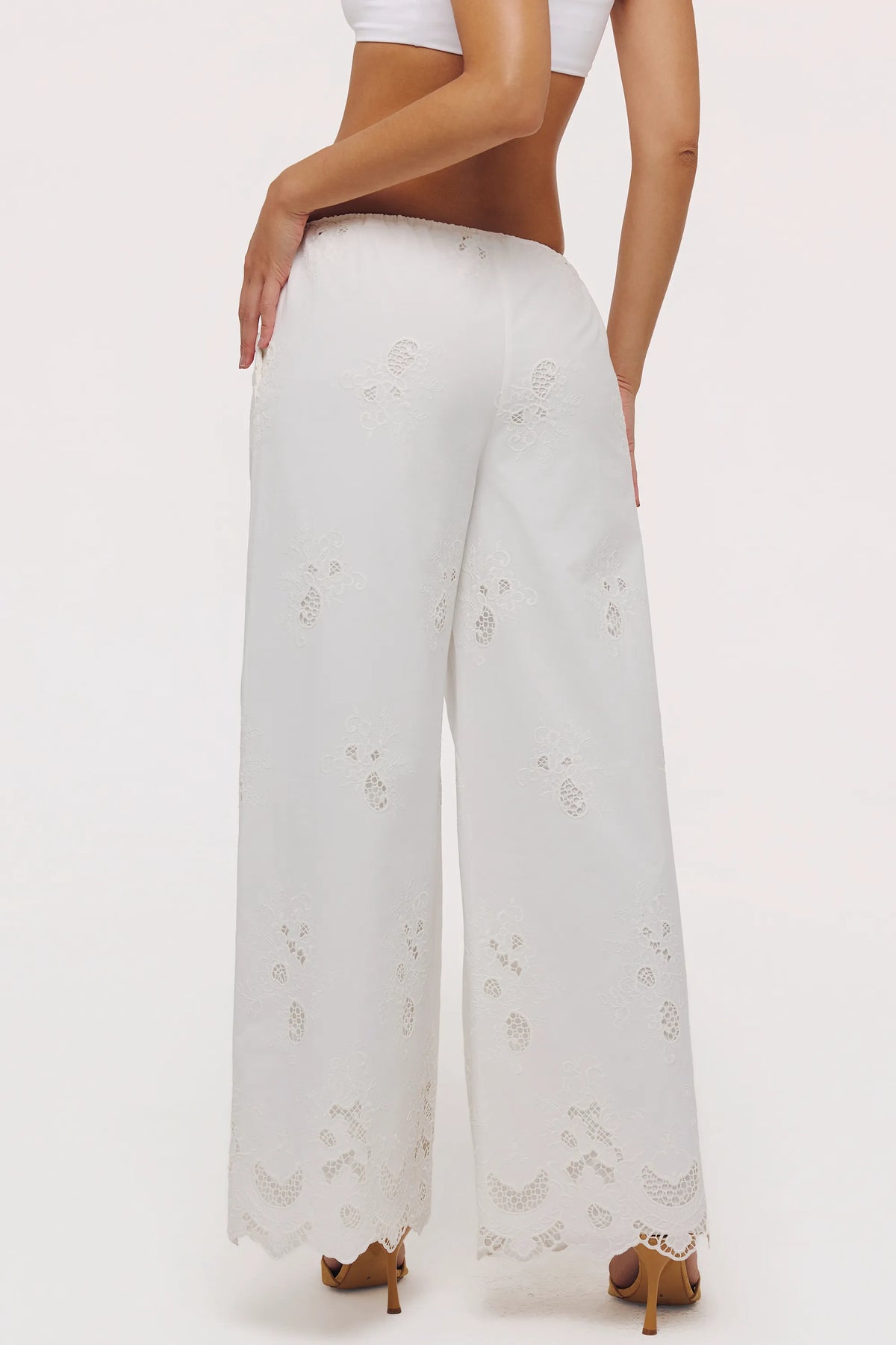 Mirea White Cotton Broderie Anglaise Wide Leg Trousers