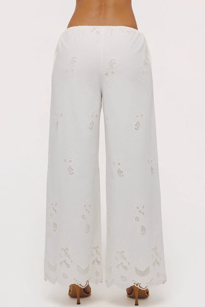 Mirea White Cotton Broderie Anglaise Wide Leg Trousers