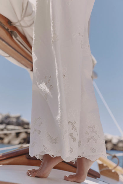Mirea White Cotton Broderie Anglaise Wide Leg Trousers