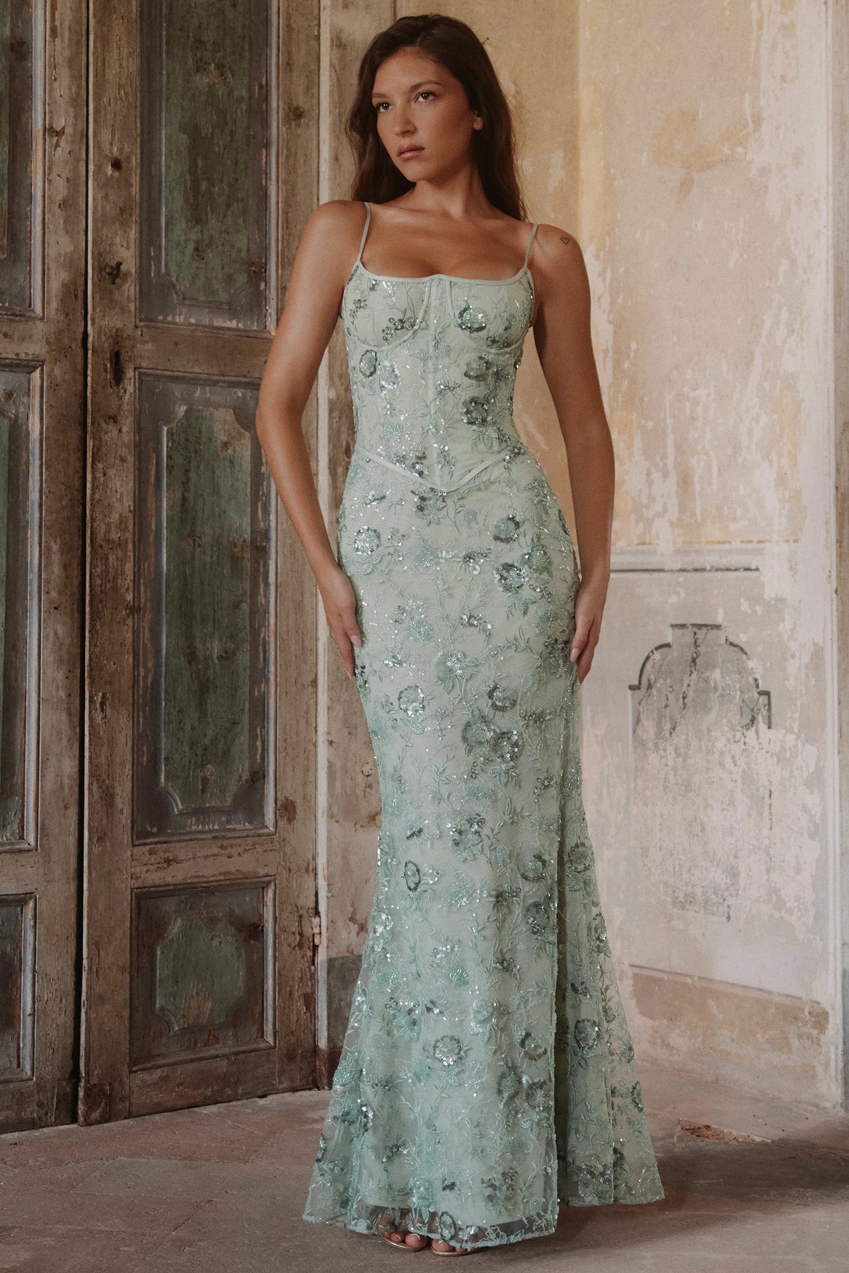 Naima Jade Hand Beaded Embellished Corset Maxi Dress