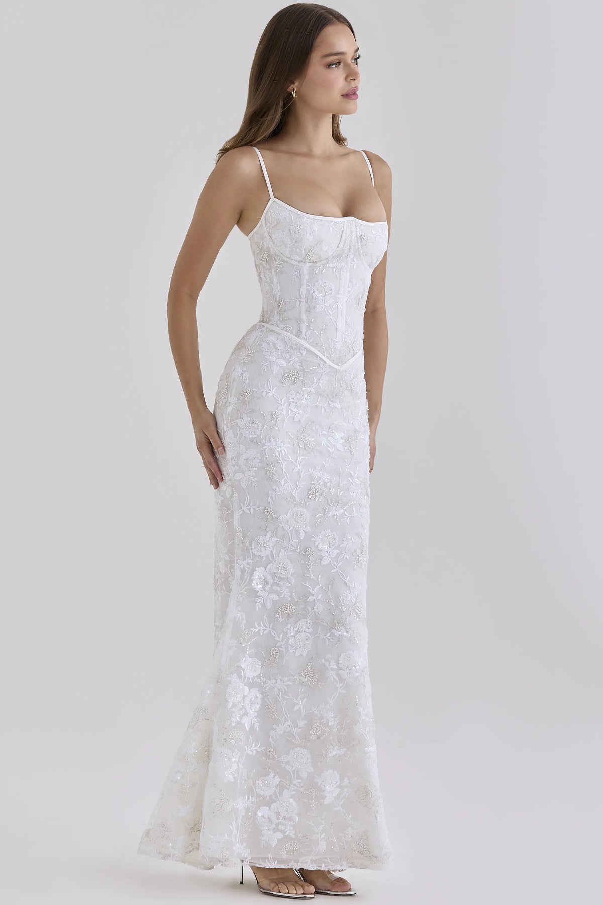 Naima White Hand Beaded Embellished Corset Maxi Dress