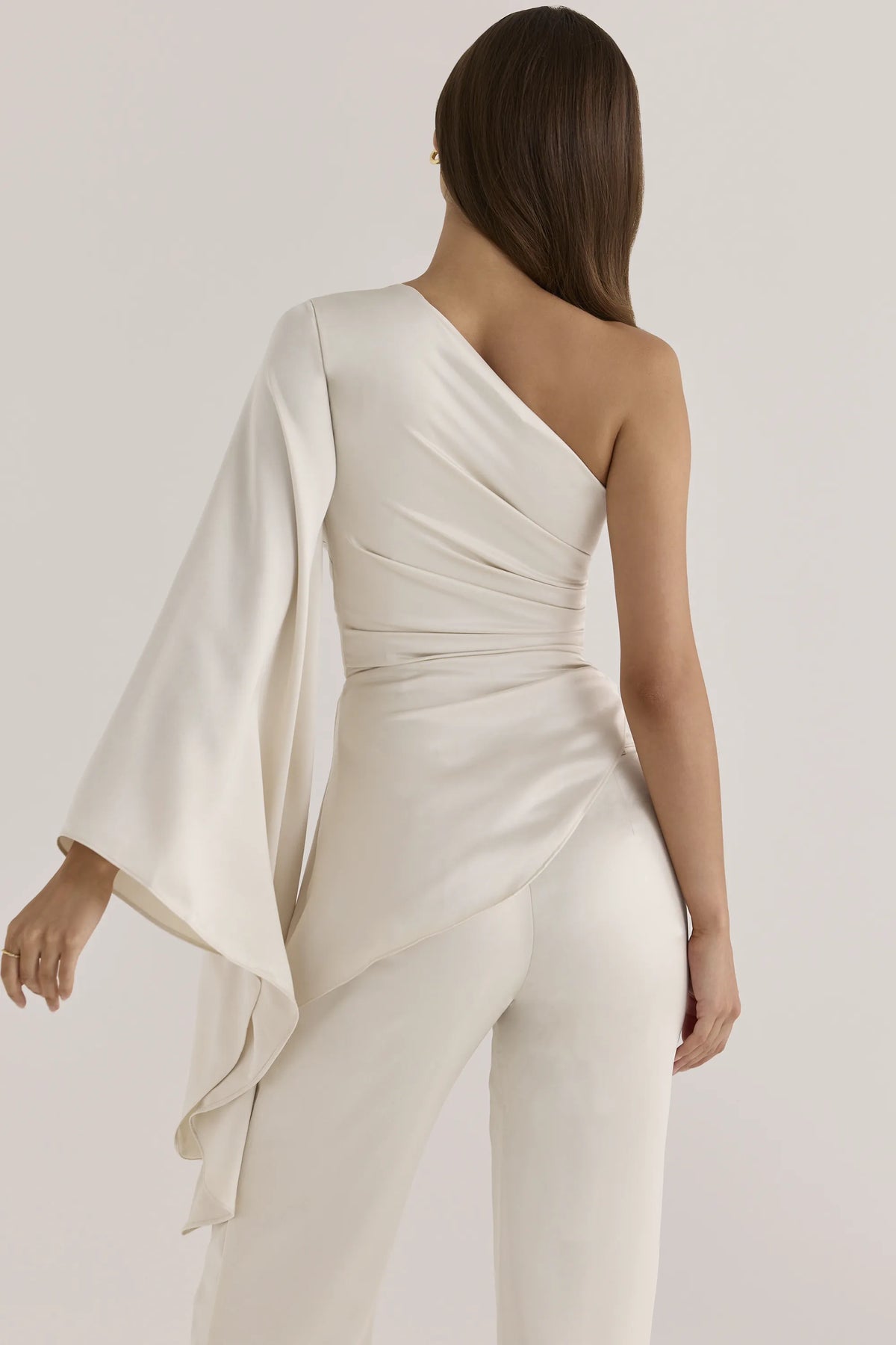Nicolette Oyster Satin One Sleeve Asymmetric Draped Top