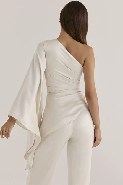 Nicolette Oyster Satin One Sleeve Asymmetric Draped Top